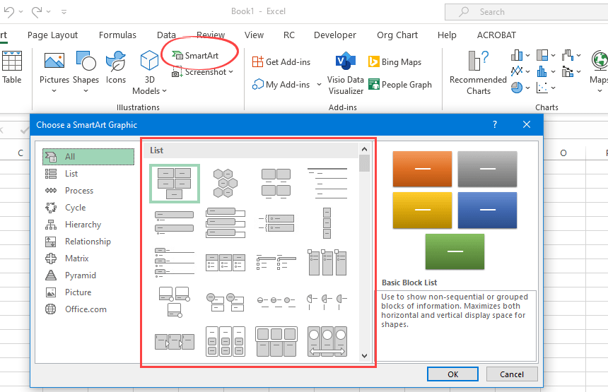 how to insert a smartart into excel