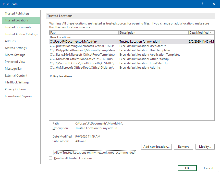 trust center settings for my add-in