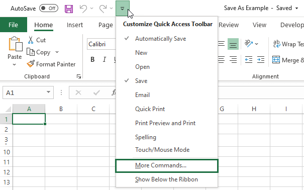 Locate Quick Access Toolbar and click on the small drop-down list