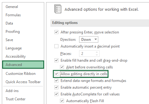 Make sure that the Allow editing directly in cells checkbox is enabled.