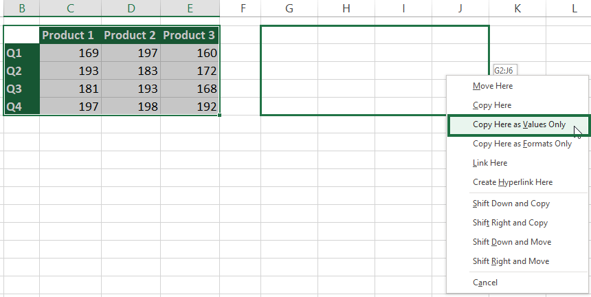 paste values shortcut using drag and drop method