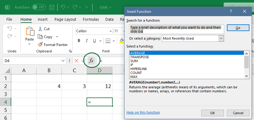 Enter a function using the Insert Function Dialog Box