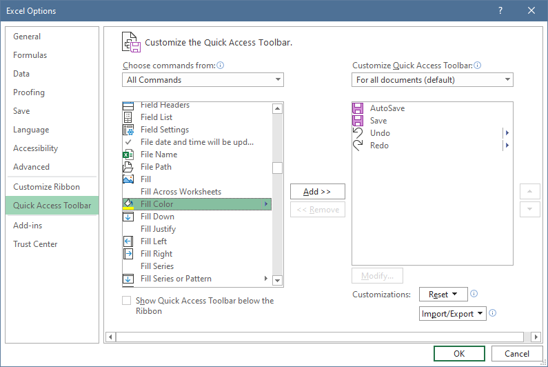Add Fill Color Menu to Quick Access Toolbar