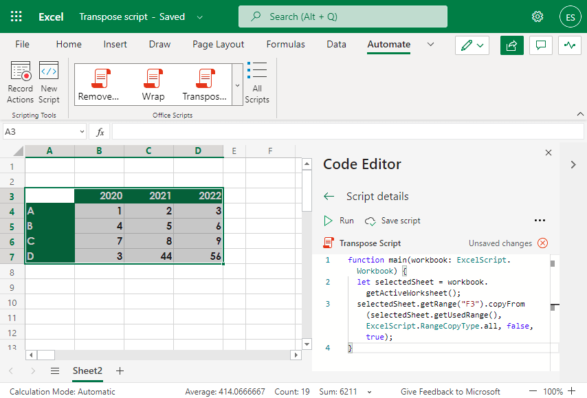 excel automate typescript code to transpose a range