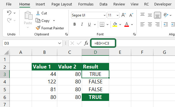 excel less than equal to example