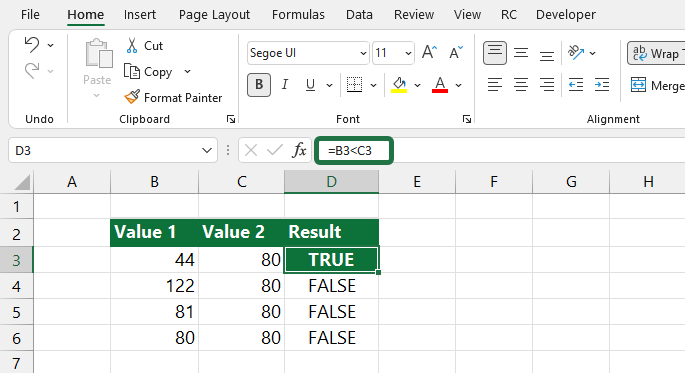 excel less than example