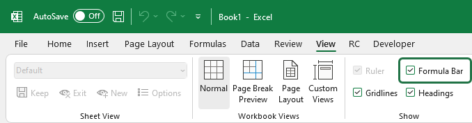 show or hide the formula bar in Excel