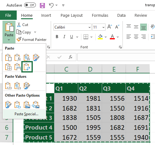 transpose excel home tab