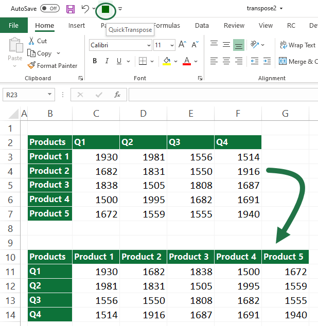 transpose excel using quick access toolbar