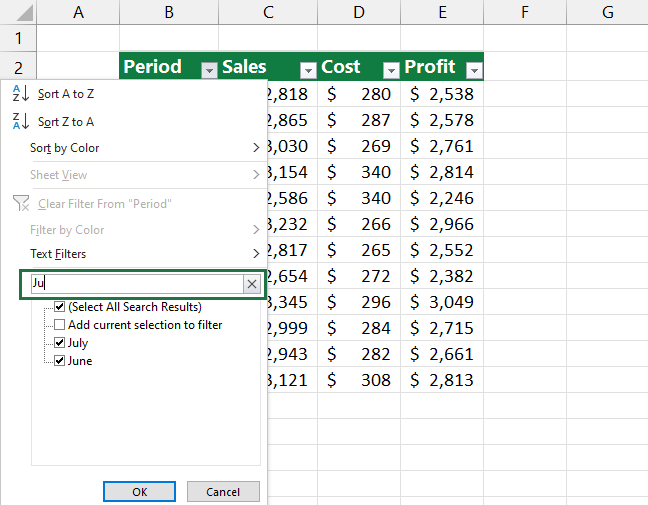 Excel uses the Filter menu Search box to provide custom filter options