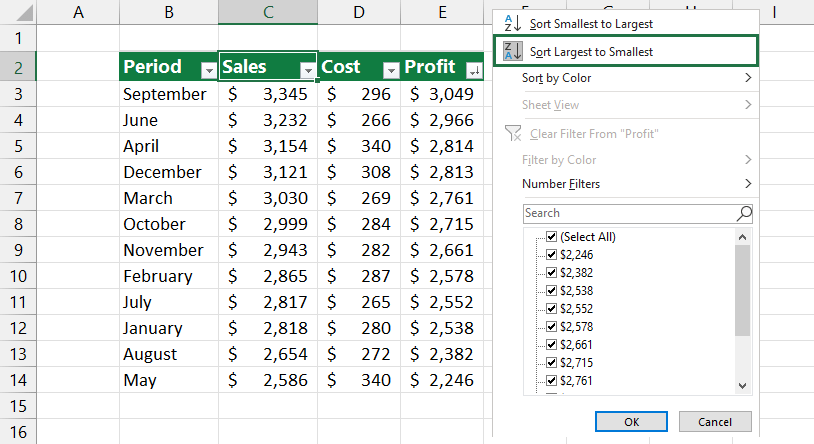 filter shortcut to sort largest to smallest
