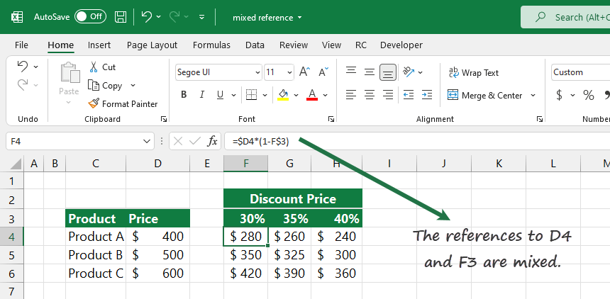mixed reference excel