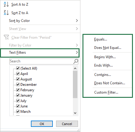 text filter shortcuts