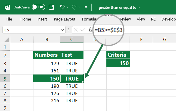 use the greater than equal to operator - excel example