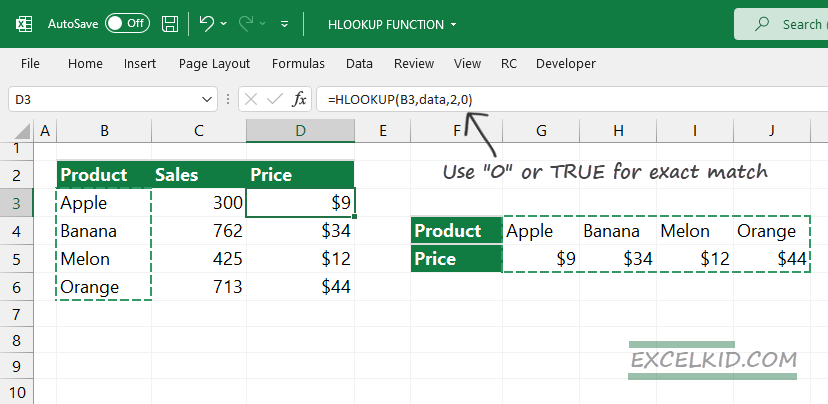 HLOOKUP function exact match result
