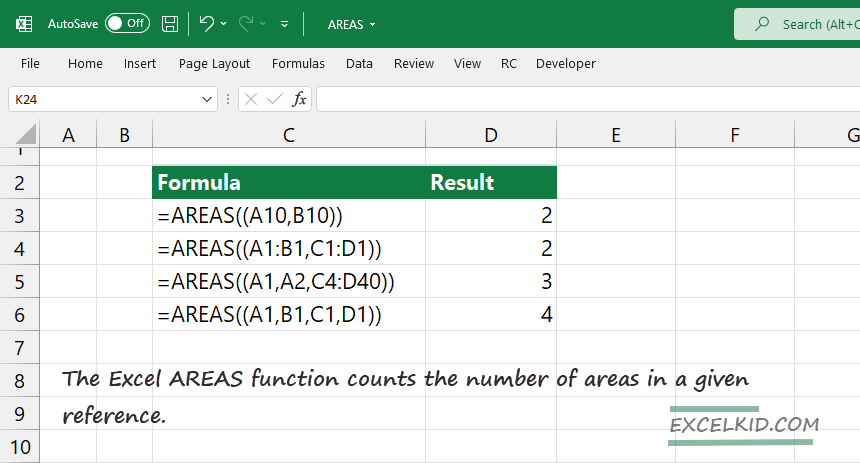 excel areas function