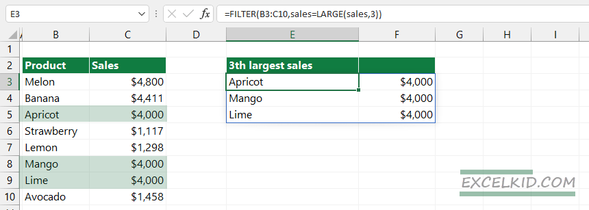 filter multiple nth largest value in Excel