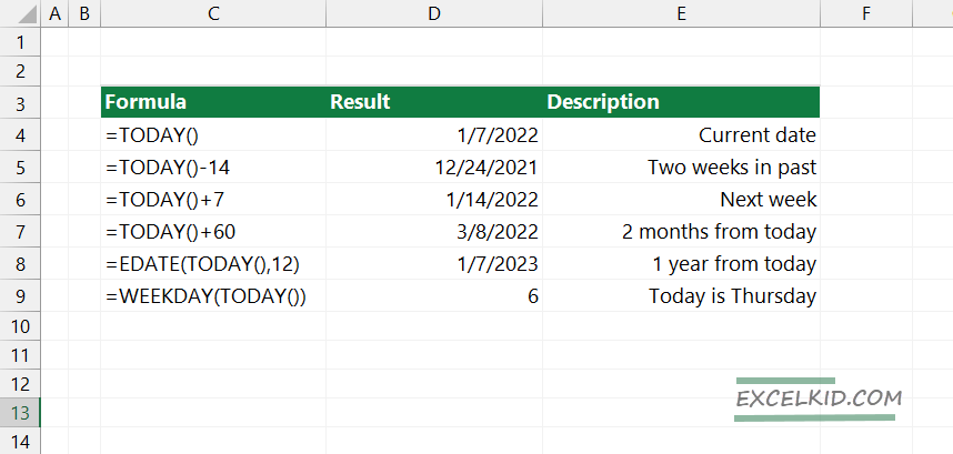 today function excel examples