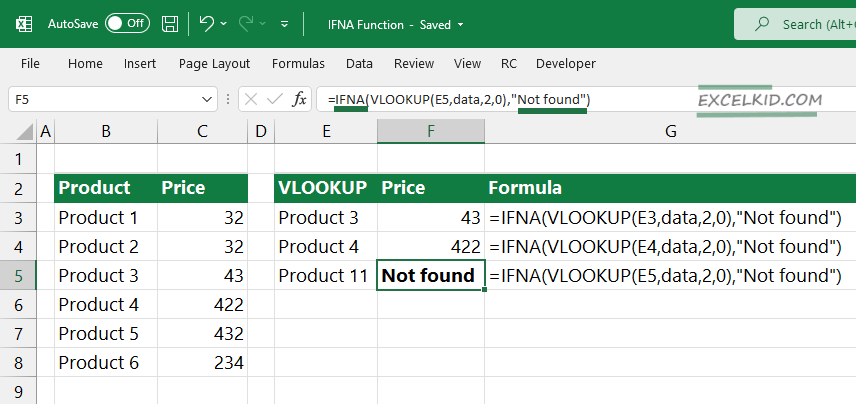 vlookup error handling with IFNA function