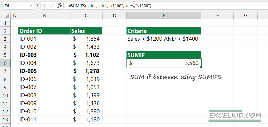 Excel formula to sum values between two numbers