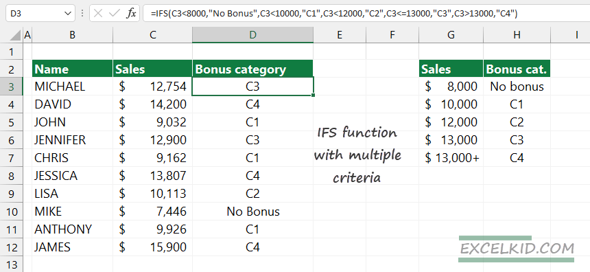 Nested IF function example using IFS