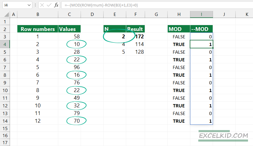 SUMPRODUCT, MOD, ROW Excel formula