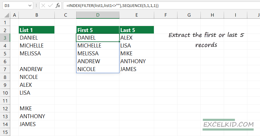 excel formula to filter first 5 and last 5 values