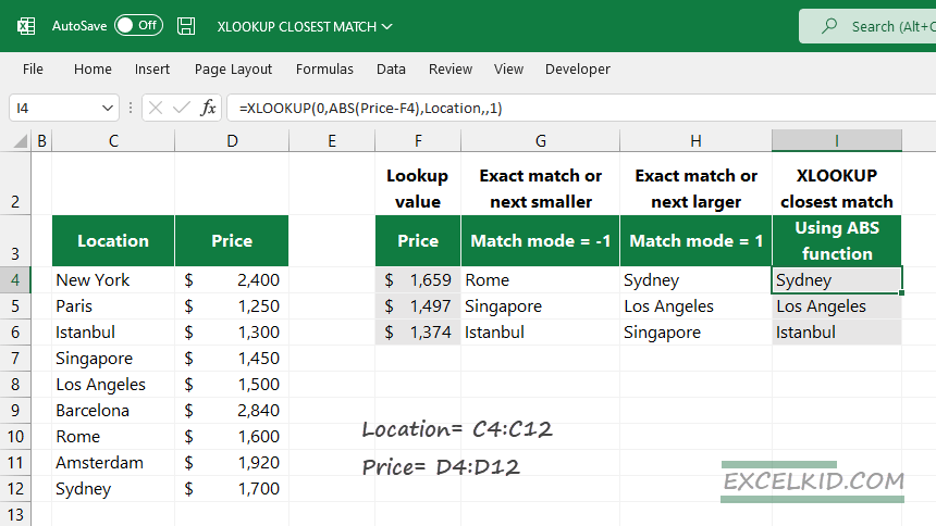 find closest match Excel