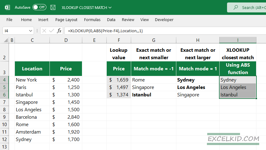 find closest match using XLOOKUP and ABS function