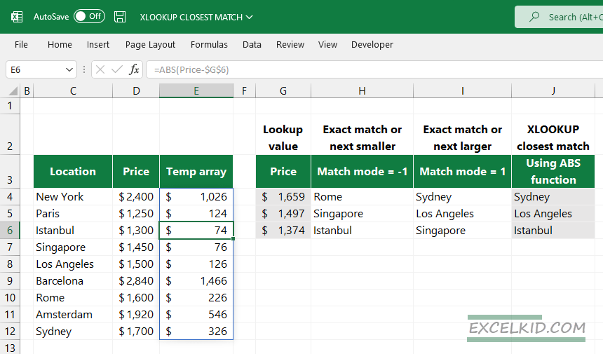 how to find the closest match in Excel using temporary array