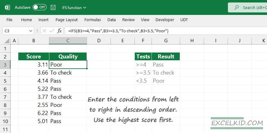 IFS function order of conditions quality rating example