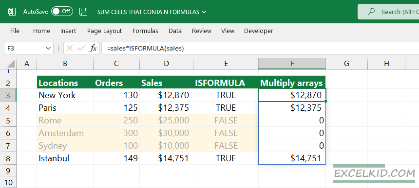 ISFORMULA function creates an array and splits the result into TRUE and FALSE results
