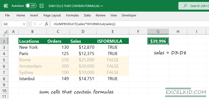 SUM cells that contain formulas in Excel