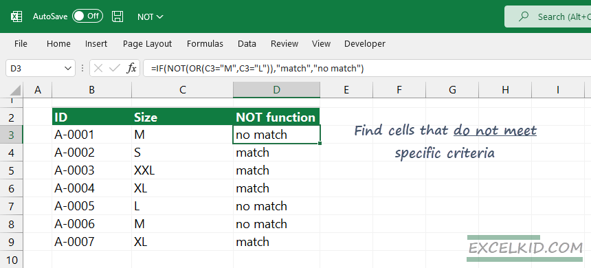 Using NOT and logical functions in a formula