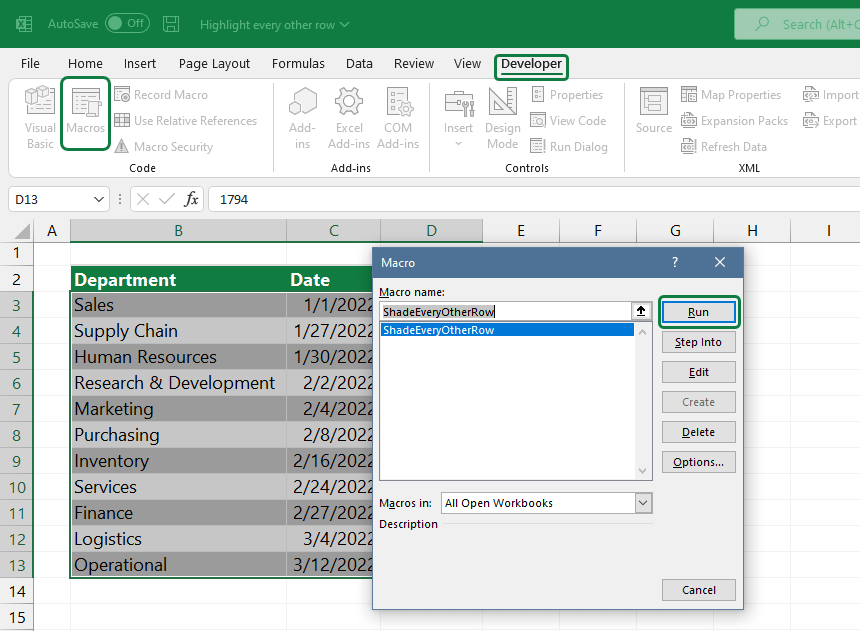 VBA macro to Highlight Every Other Row in Excel