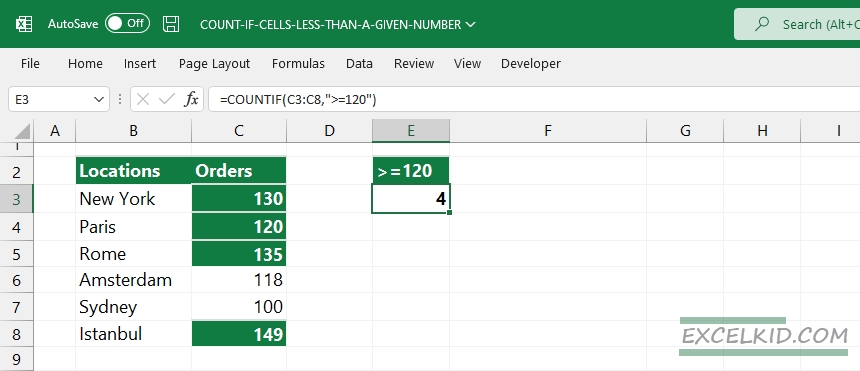 count cells greater than or equal to a given number