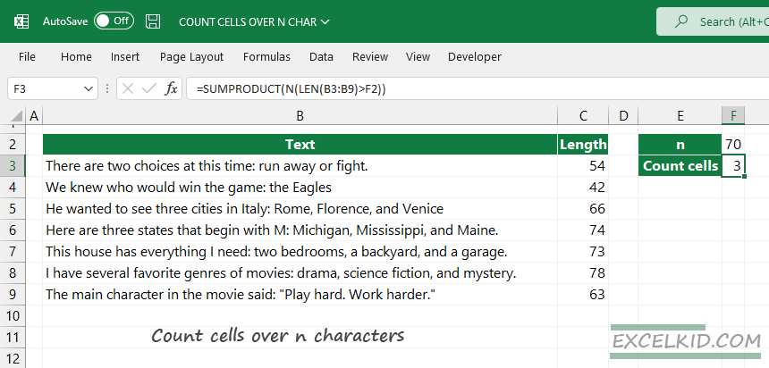 count cells over n characters