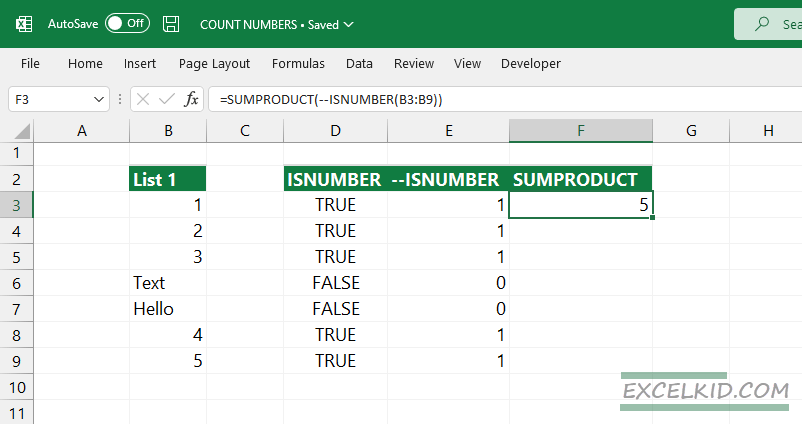 count cells that contain numbers sumproduct isnumber