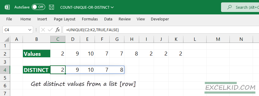 count distinct values in a row