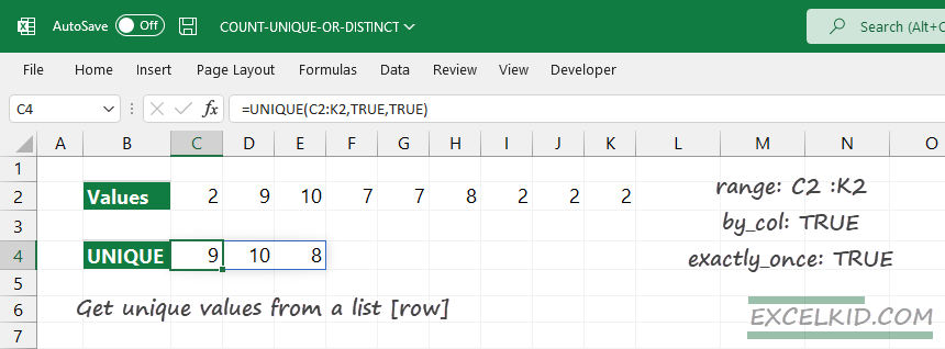 count unique values in a row list