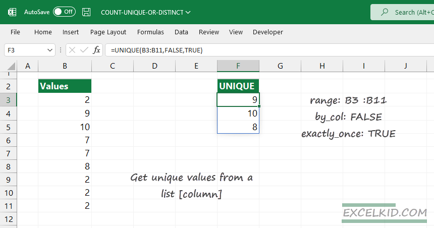 count unique values in a column
