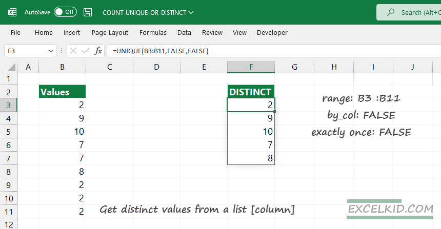 how to count distinct values in a list