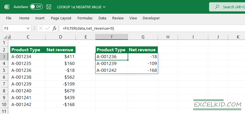 lookup and list all negative values in a range using FILTER