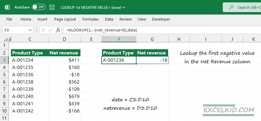 lookup first negative value in Excel