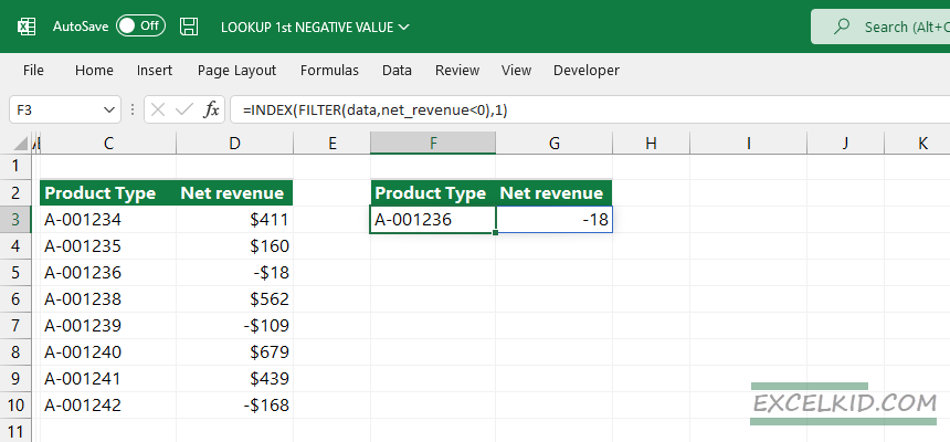 lookup first negative value using INDEX and FILTER