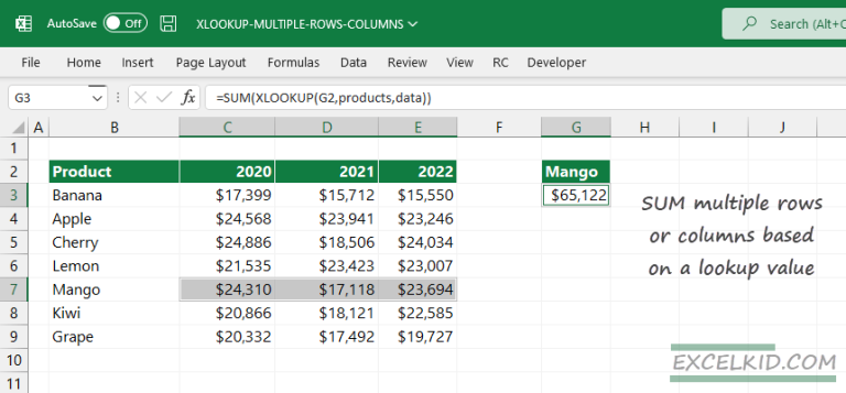 Sum Multiple Rows Or Columns Using XLOOKUP ExcelKid