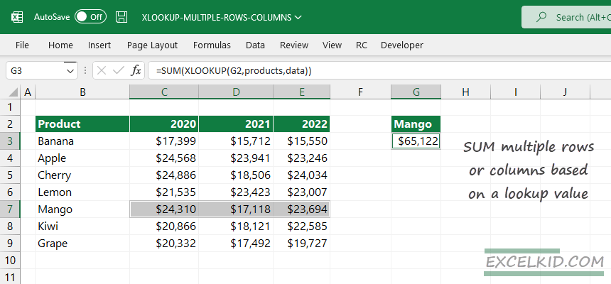 sum multiple rows or columns using xlookup