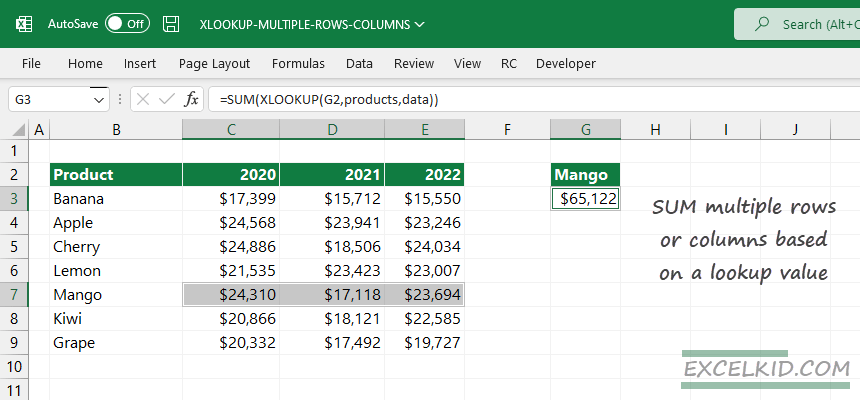 Sum Multiple Rows Or Columns Usinng XLOOKUP ExcelKid