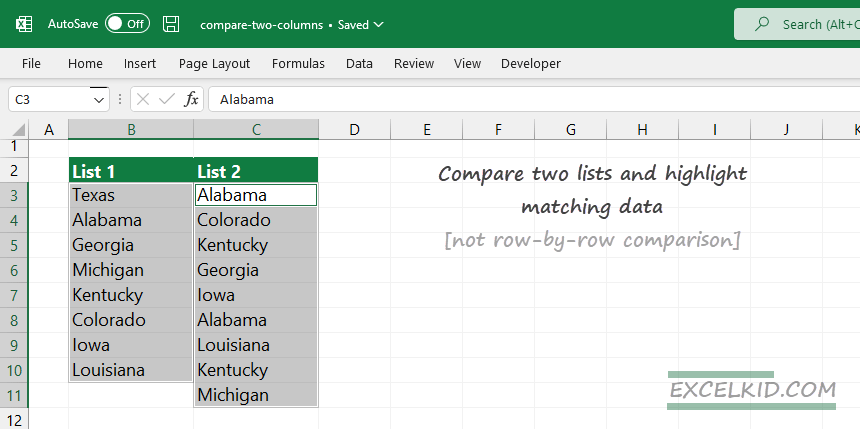 Compare two lists and highlight matching data