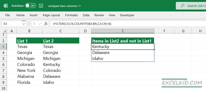 FILTER formula to compare unsorted lists